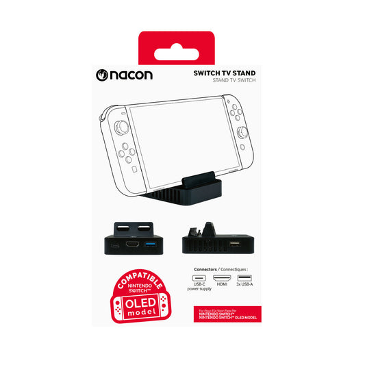 Nacon SWITCHTVSTAND voor Nintendo Switch, met aansluitingen voor USB en HDMI.