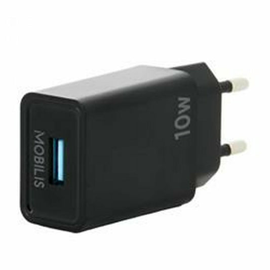 Mobilis draagbare oplader in zwart, compact ontwerp met USB-aansluiting en 10,5 W vermogen.