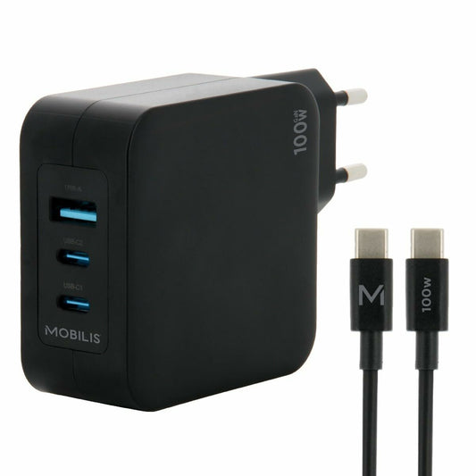 Draagbare Mobilis oplader 100W in zwart met USB- en USB-C-poorten.