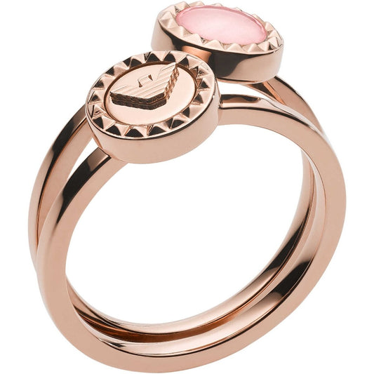 Emporio Armani damesring in roze goud met elegante dubbele schijfjes en een roze steen.