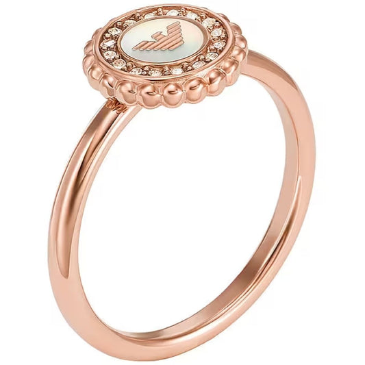 Elegant roségouden ring van Emporio Armani met parelmoeren detail en strass.