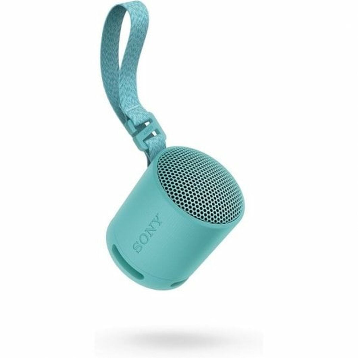 Detail van de Sony SRSXB100L luidspreker in blauw met een handige draagriem.