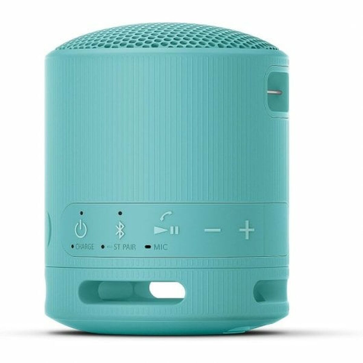 Detail van de blauwe Sony SRSXB100L luidspreker met knoppen voor bediening en opladen.