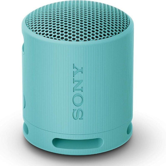 Draagbare blauwe Sony SRSXB100L Bluetooth-luidspreker met compact ontwerp en grill.
