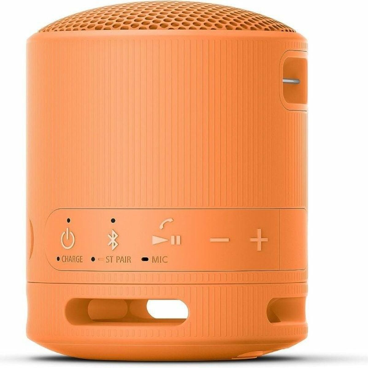 Zijaanzicht van de oranje Sony SRSXB100D luidspreker met bedieningsknoppen en microfoon.