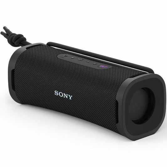 Zwarte Sony SRS-ULT10B draagbare Bluetooth-luidspreker met compact ontwerp en bedieningselementen.