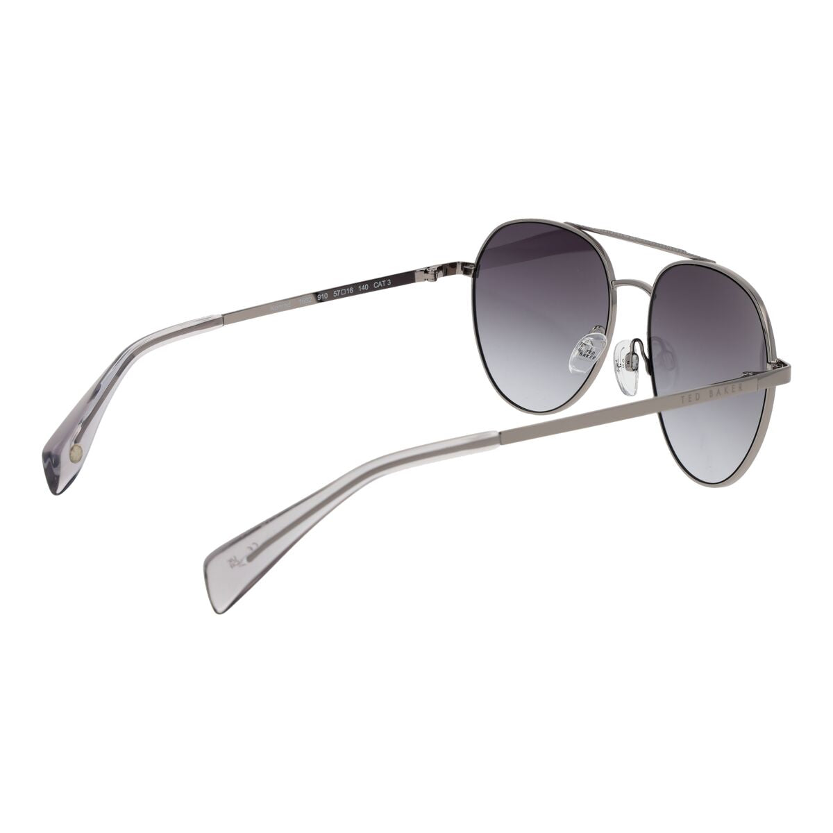 Zijaanzicht van de Ted Baker zonnebril met grijs gradient glas en dunne metalen montuur.