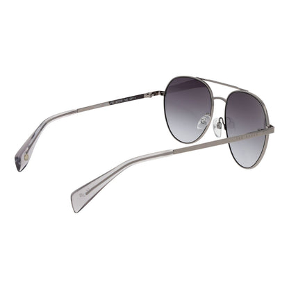 Zijaanzicht van de Ted Baker zonnebril met grijs gradient glas en dunne metalen montuur.