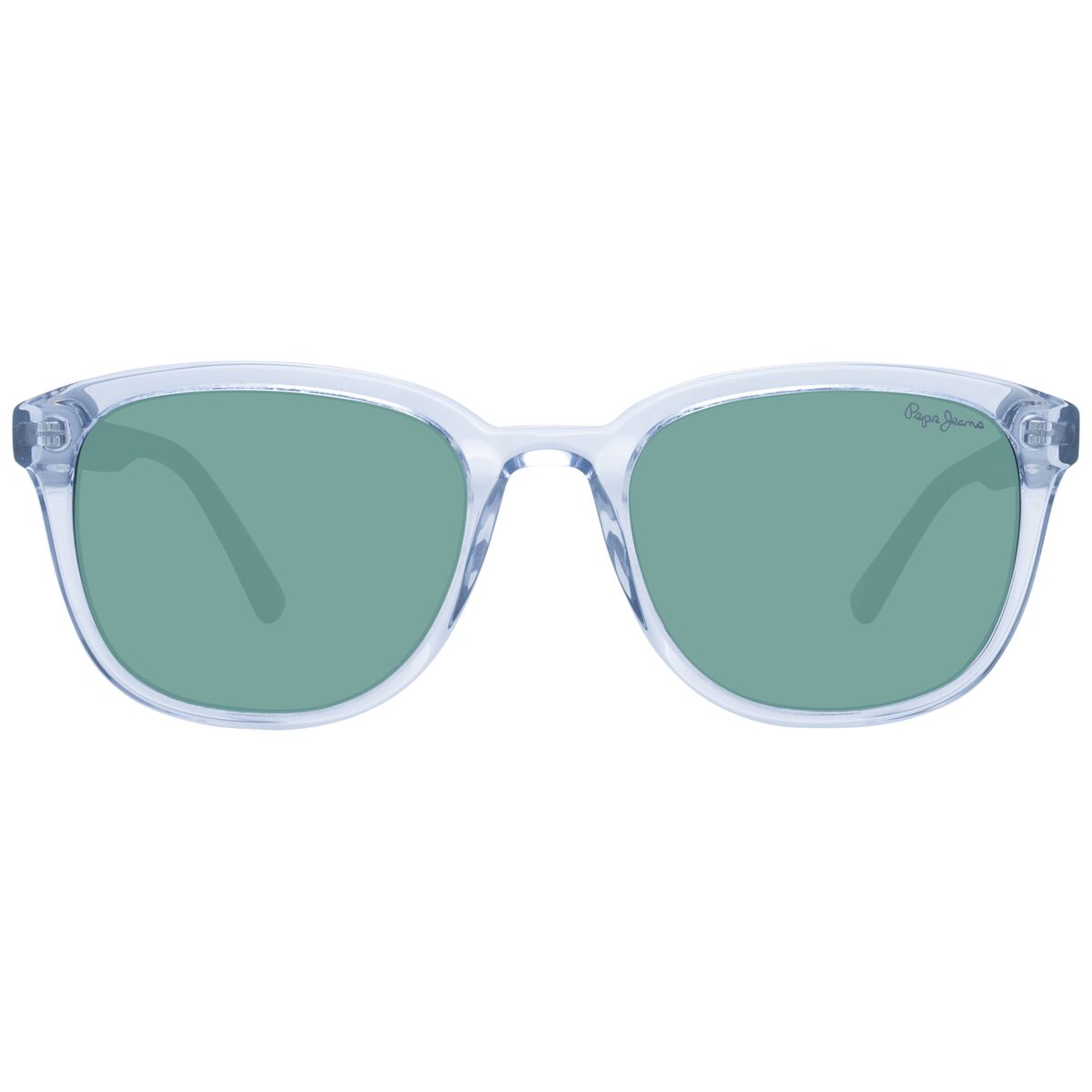 Zijaanzicht van de Pepe Jeans zonnebril Heren PJ7425 met groen glas en transparant montuur.