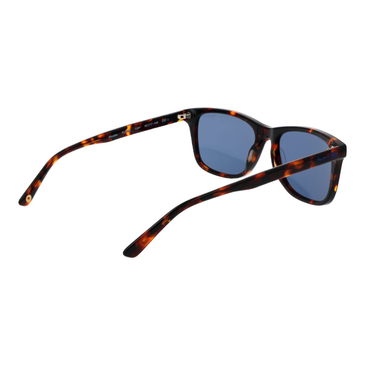 Detail van de Pepe Jeans zonnebril in multicolour met blauwe glazen en zijaanzicht.