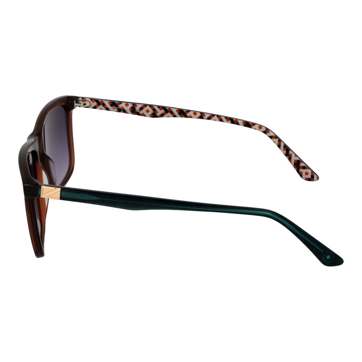 Zijaanzicht van de Pepe Jeans zonnebril met trendy multicolour frame en UV400 bescherming.