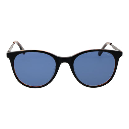 Zijaanzicht van de Hackett London zonnebril met blauwe glazen en zwart montuur.