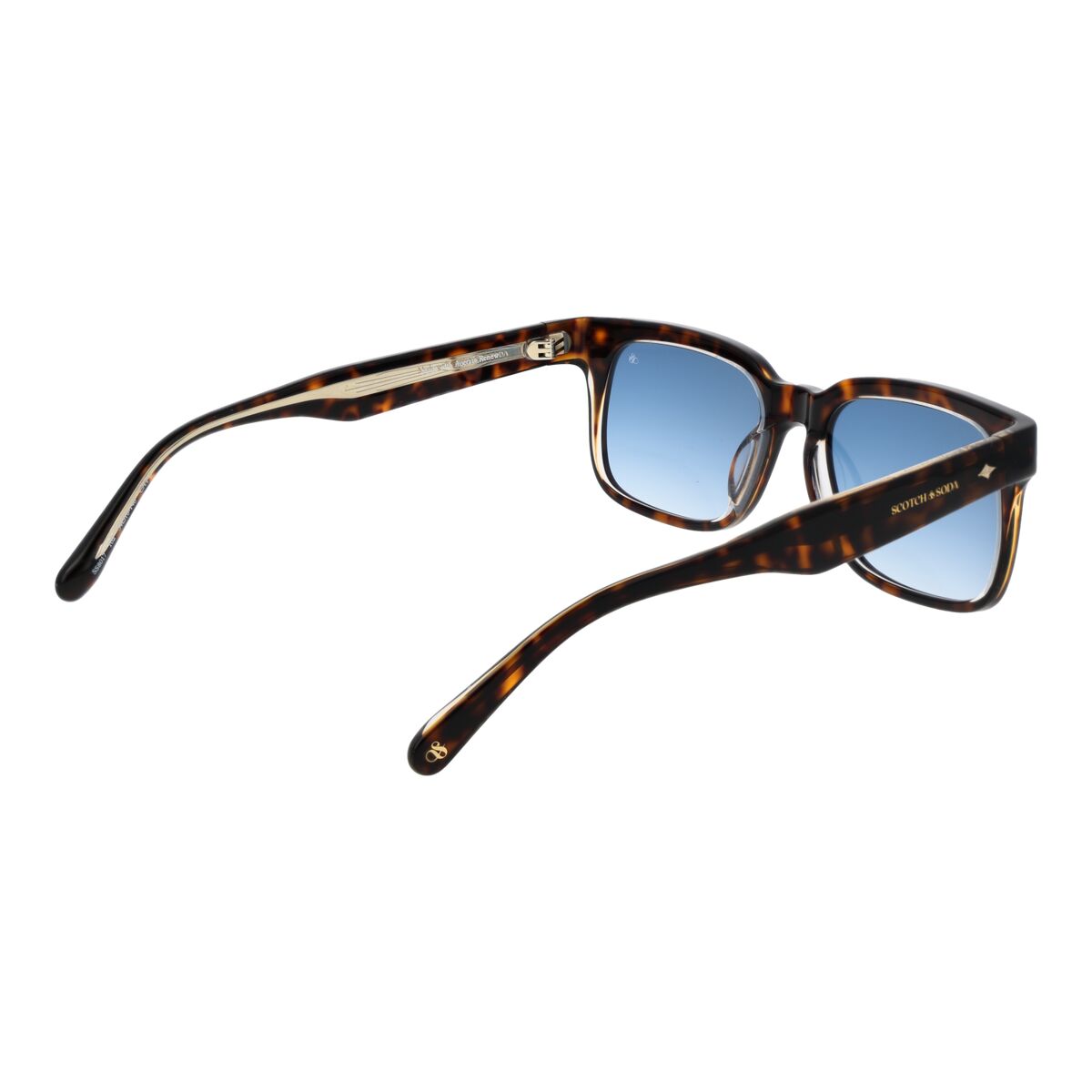 Detail van de Scotch & Soda zonnebril in multicolour met blauwe glazen en een stijlvolle vorm.