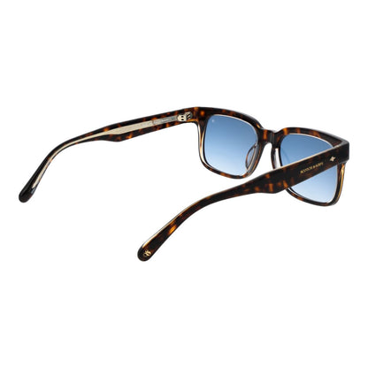 Detail van de Scotch & Soda zonnebril in multicolour met blauwe glazen en een stijlvolle vorm.