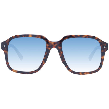 Detail van de Scotch & Soda zonnebril met bruin schildpadpatroon en blauwe gradient glazen.