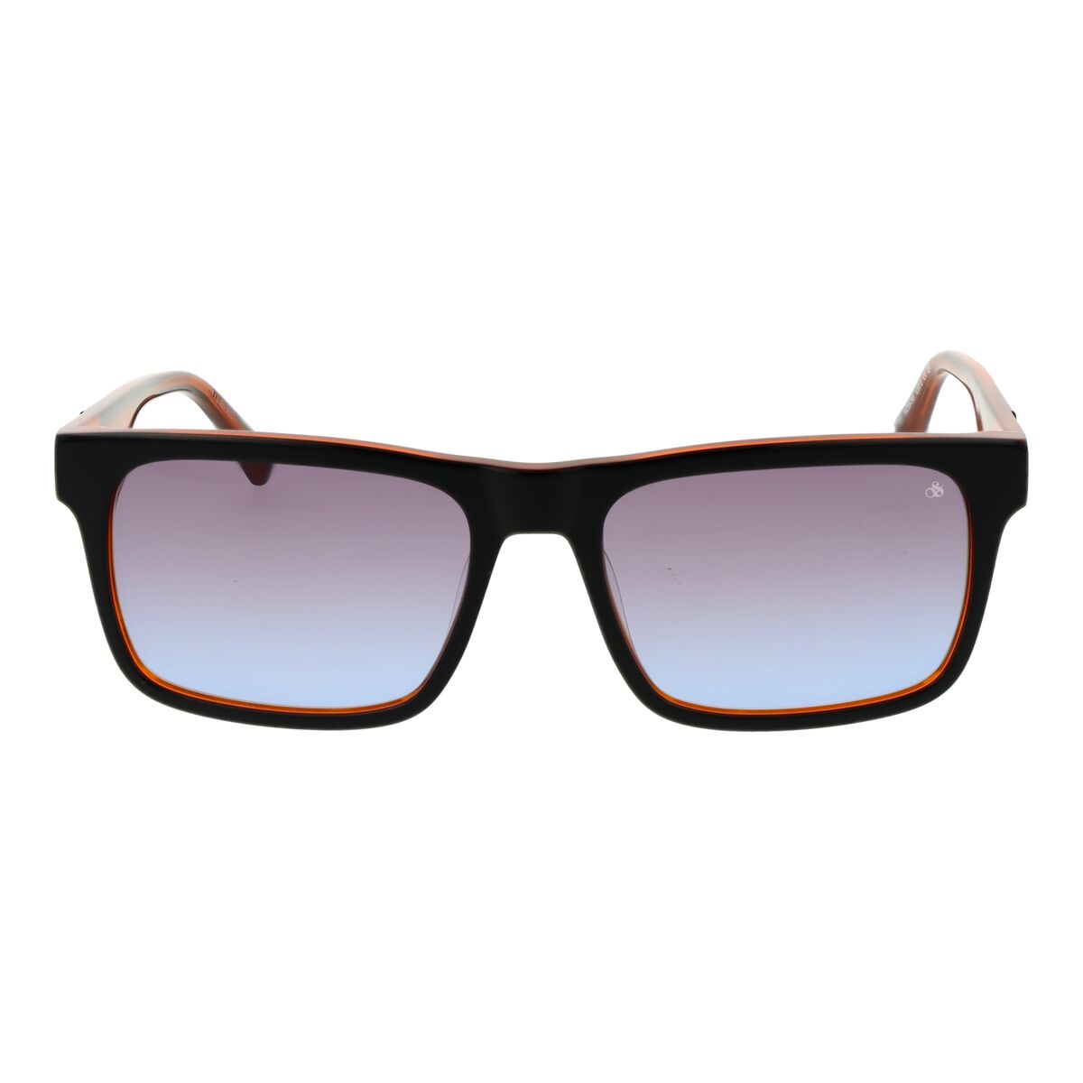 Detail van de Scotch & Soda zonnebril in multicolour met een zwart en oranje frame.