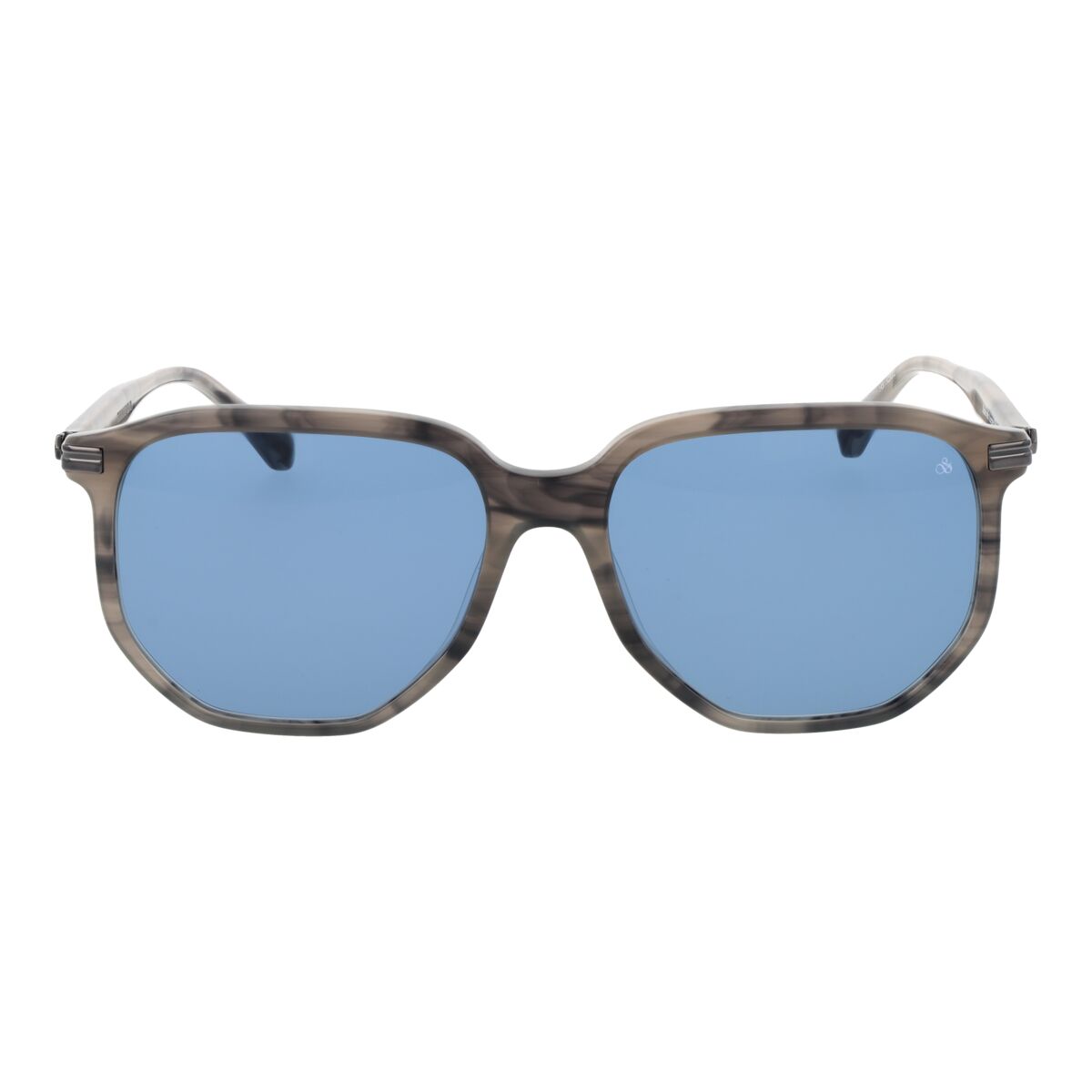 Detail van de Scotch & Soda zonnebril met blauw glas en multicolour frame.