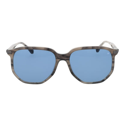 Detail van de Scotch & Soda zonnebril met blauw glas en multicolour frame.