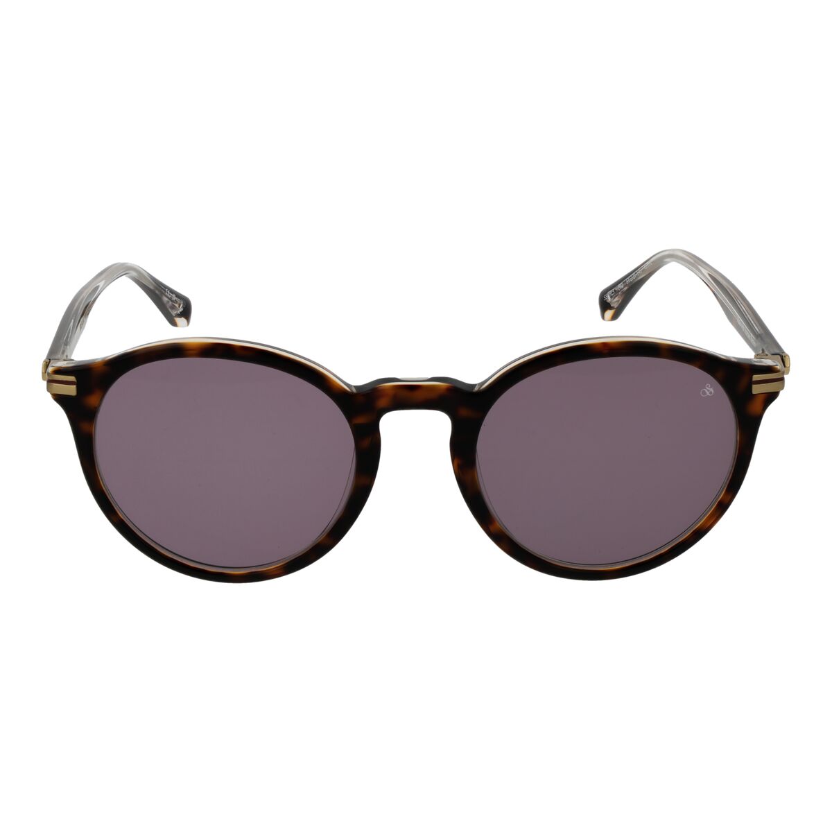 Detail van de Scotch & Soda zonnebril in multicolour met ronde glazen en transparante pootjes.