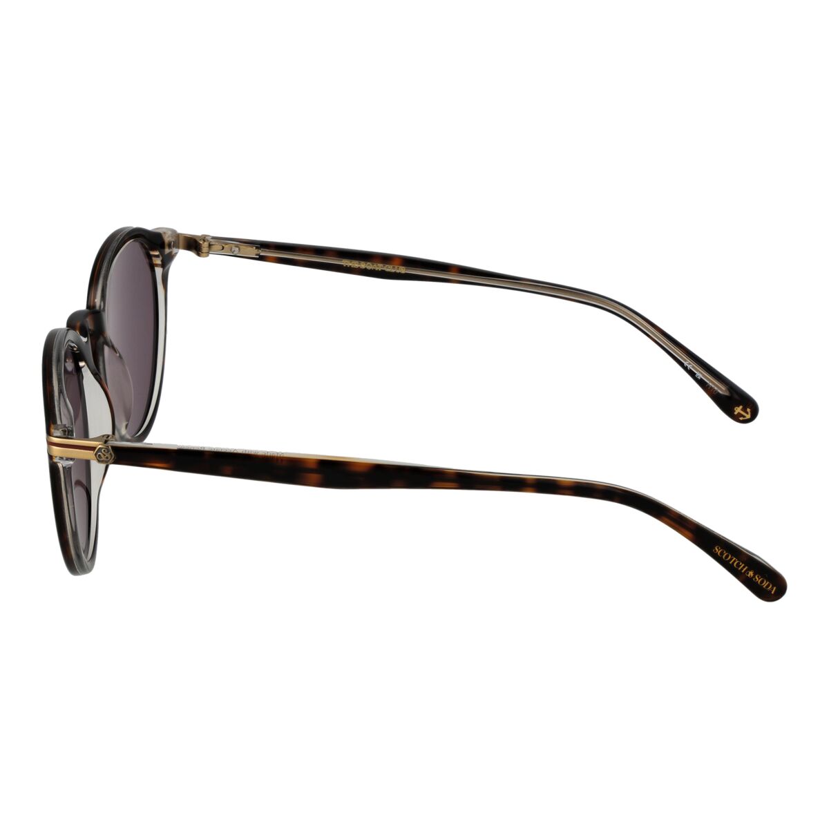 Zijaanzicht van de Scotch & Soda zonnebril met multicolour frame en UV400 bescherming.