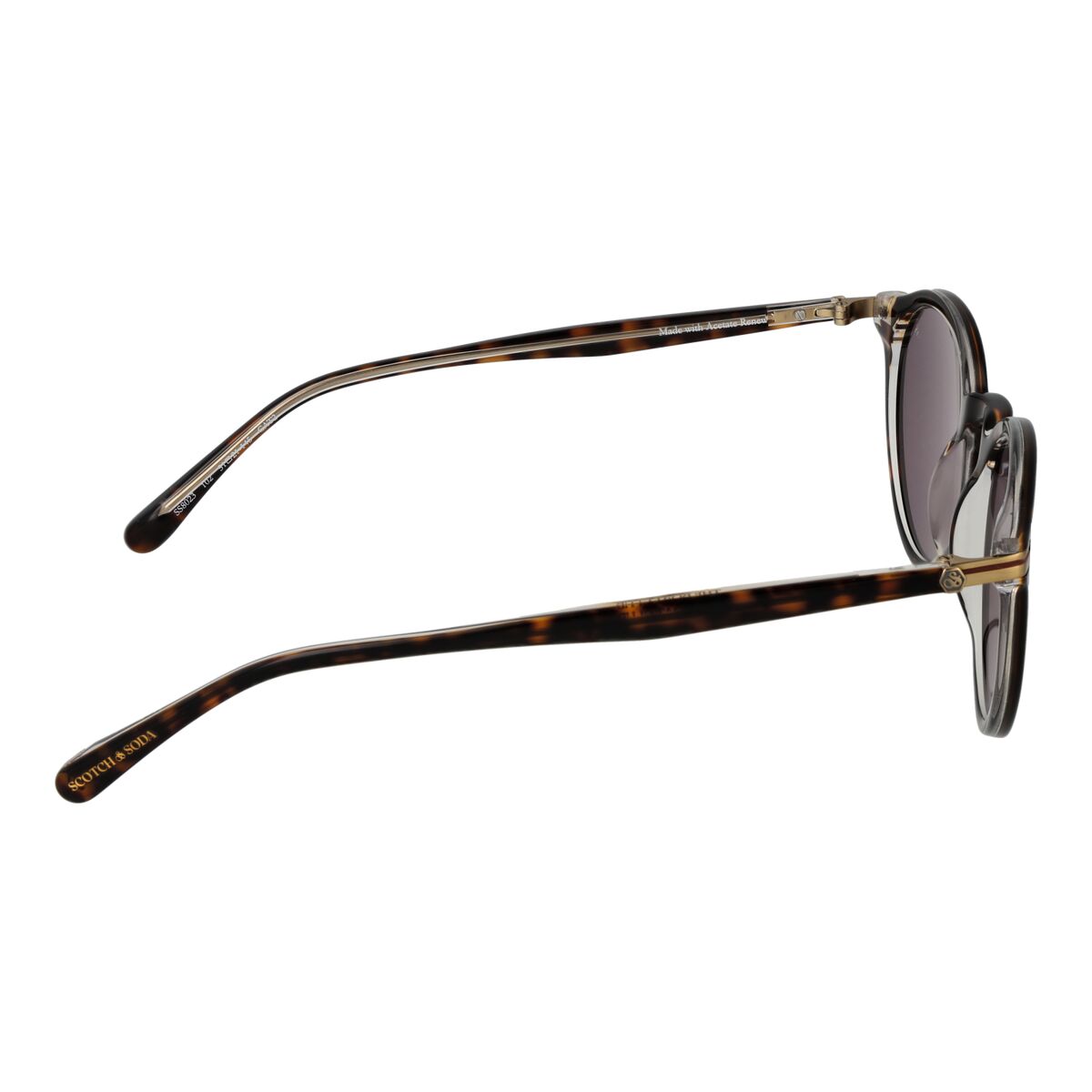Zijaanzicht van de Scotch & Soda zonnebril met bruin tortoise montuur en grijze glazen.