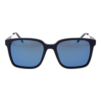 Detail van de Reebok zonnebril met blauw gepolariseerd glas en zwart montuur.