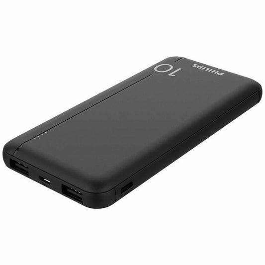 Philips Powerbank 10000 mAh in zwart, zijaanzicht met oplaadpoorten zichtbaar.