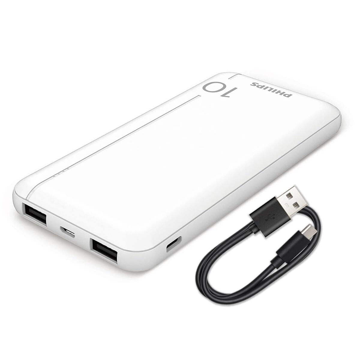 Zijaanzicht van de witte Philips Powerbank DLP1810NW/62 met USB-kabel.