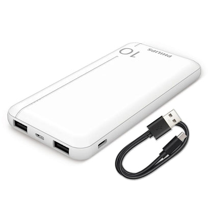 Zijaanzicht van de witte Philips Powerbank DLP1810NW/62 met USB-kabel.