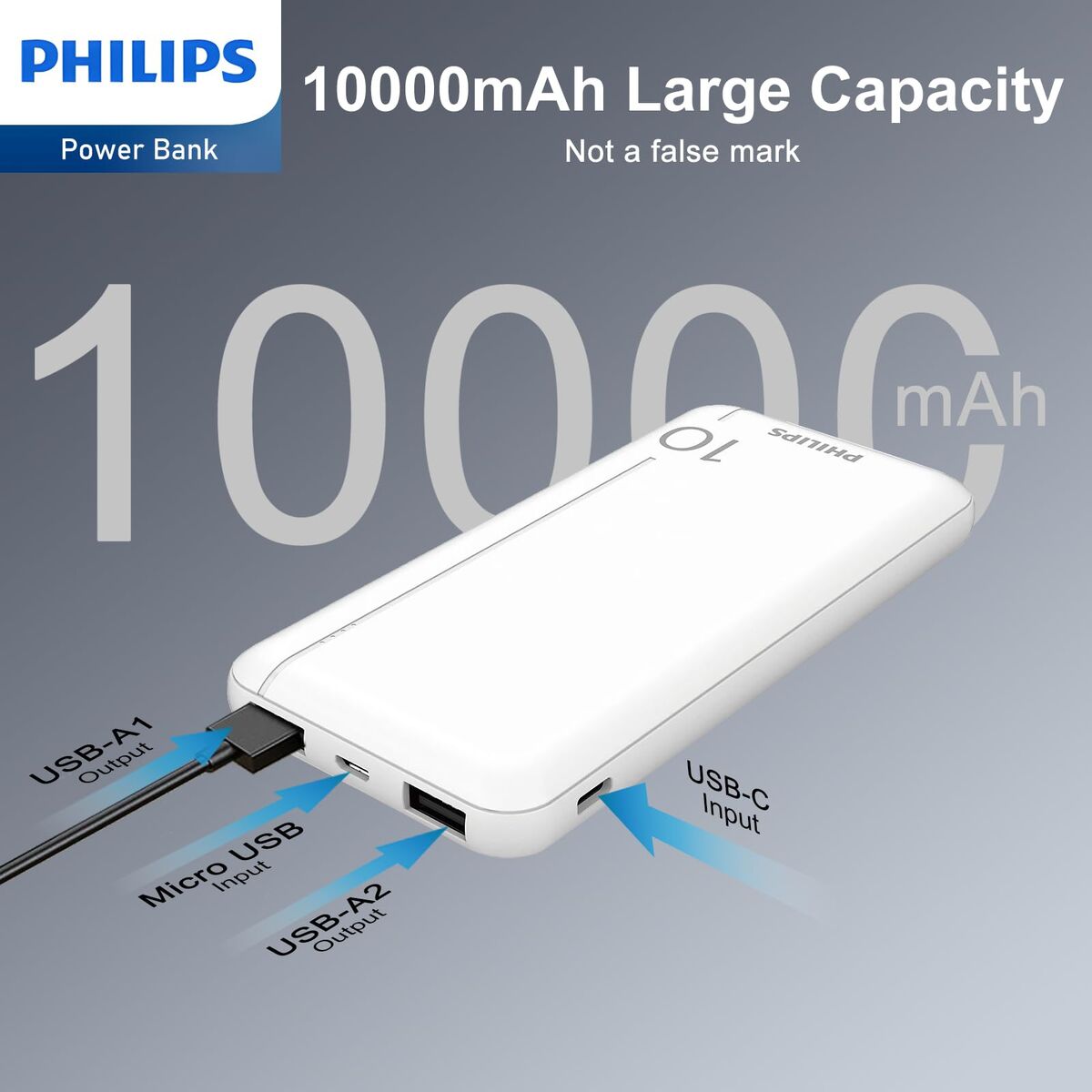 Zijaanzicht van de Philips DLP1810NW/62 powerbank met aansluitingen en capaciteit van 10000 mAh.