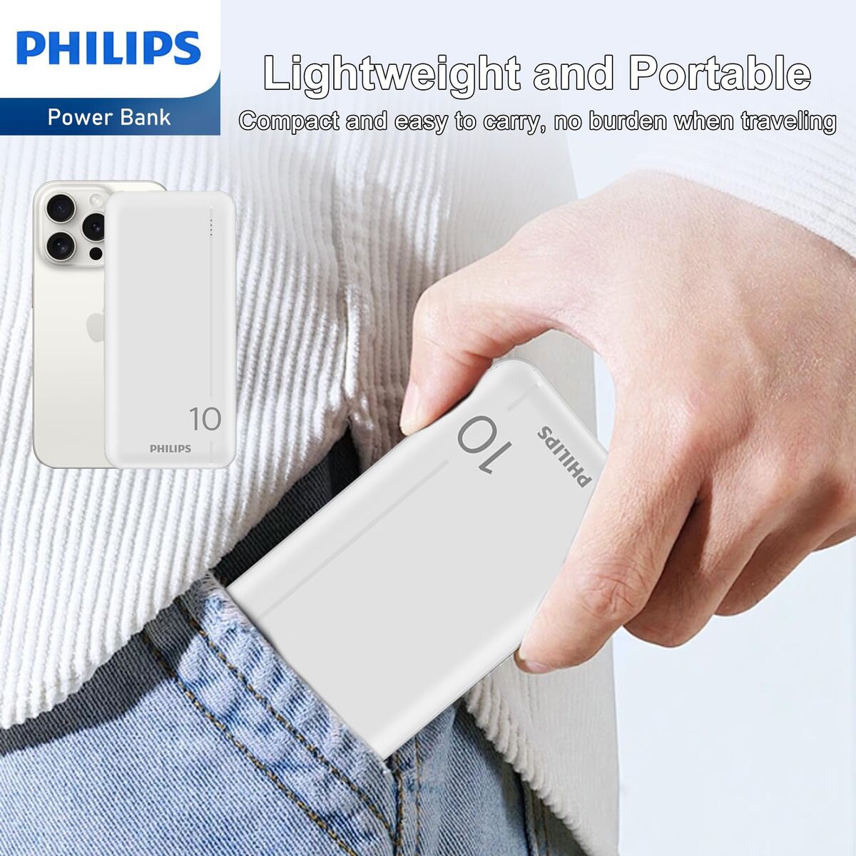Philips DLP1810NW/62 powerbank in hand, compact en lichtgewicht voor eenvoudig transport.