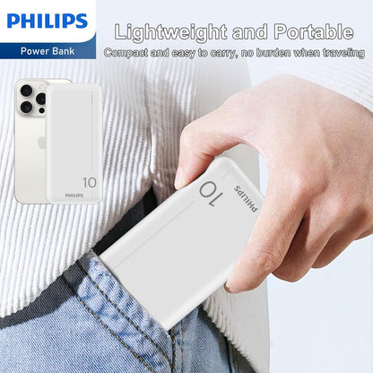 Philips DLP1810NW/62 powerbank in hand, compact en lichtgewicht voor eenvoudig transport.