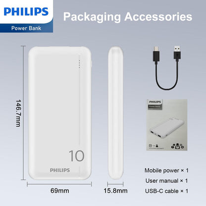 Zijaanzicht van de Philips DLP1810NW/62 powerbank met afmetingen en accessoires.