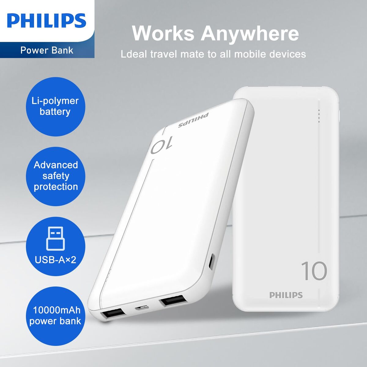 Detail van de Philips Powerbank DLP1810NW/62 met witte afwerking en twee USB-poorten.