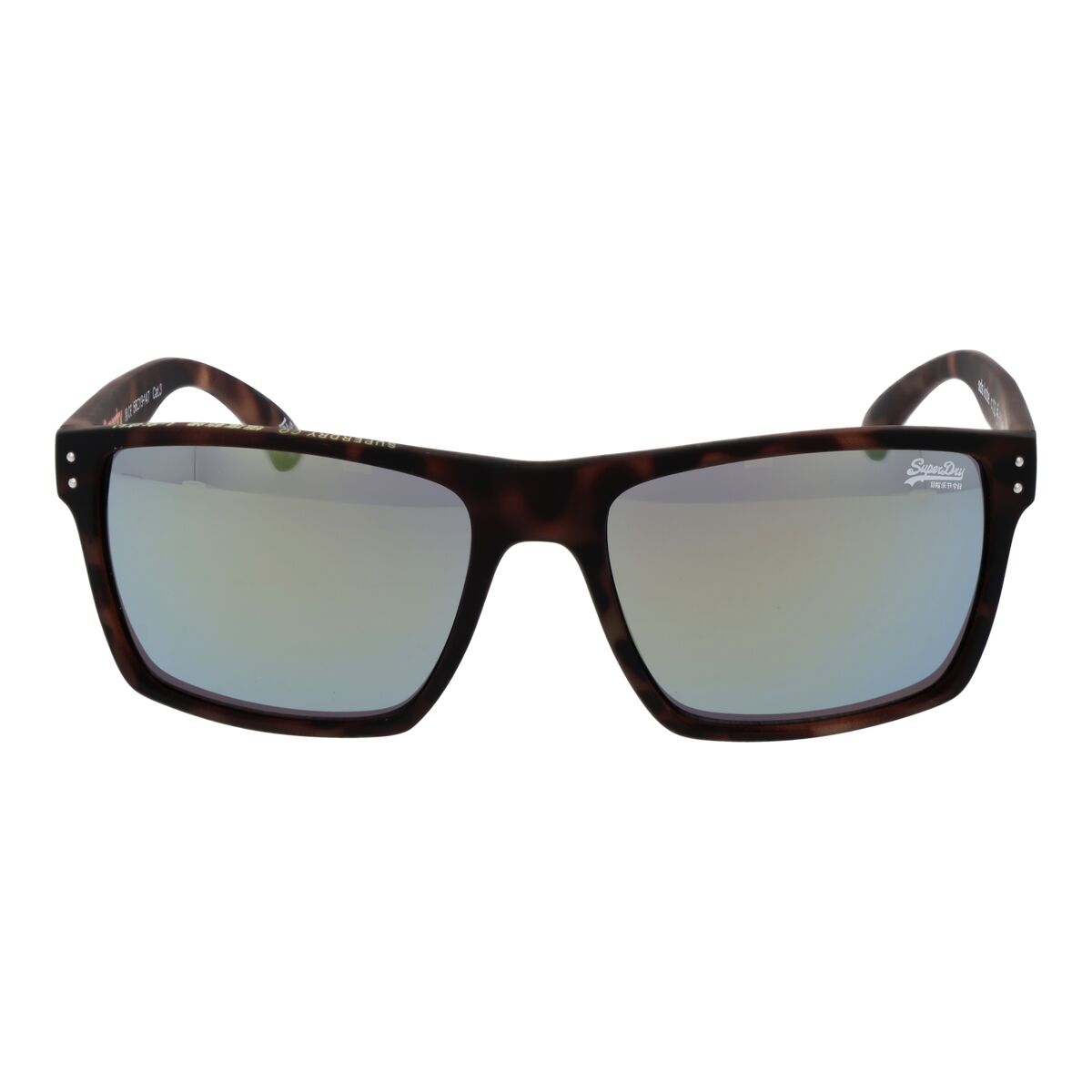 Detailweergave van de Superdry zonnebril Heren SDS-KOBE met een trendy bruin frame en blauwe glazen.