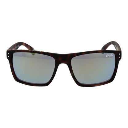 Detailweergave van de Superdry zonnebril Heren SDS-KOBE met een trendy bruin frame en blauwe glazen.