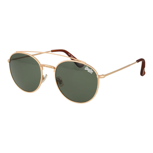 Gouden Superdry zonnebril voor heren met UV400 bescherming en groene glazen.