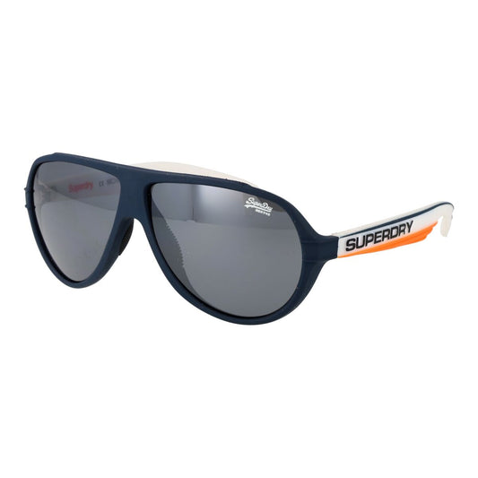 Trendy Superdry zonnebril voor heren in navy met grijze glazen en opvallende merkdetails.