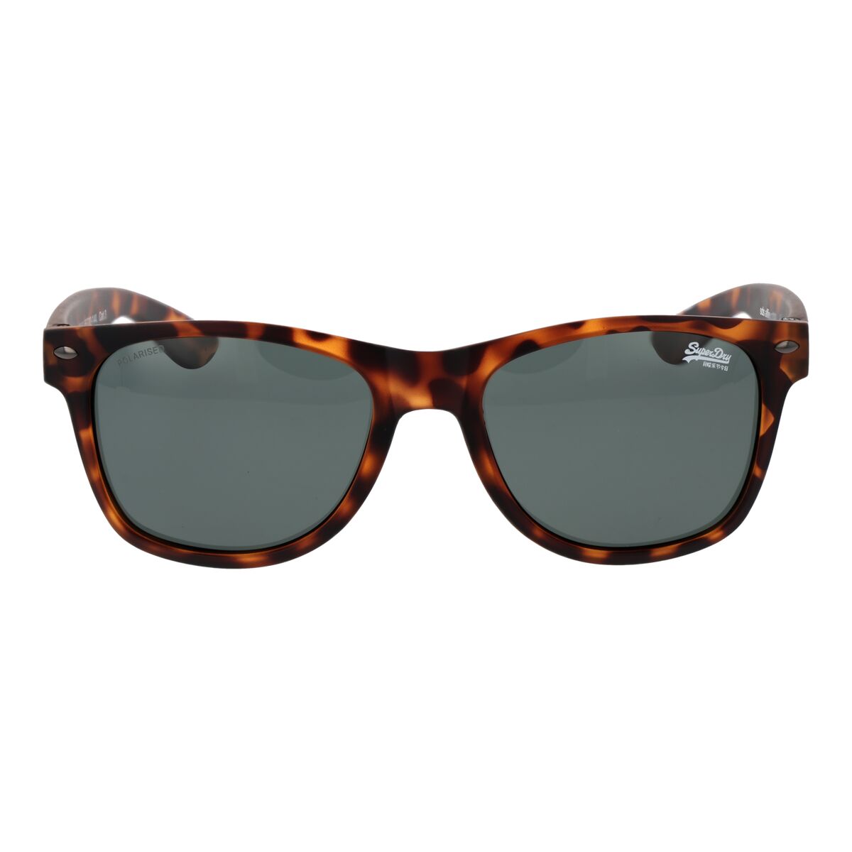 Detail van de Superdry zonnebril Heren met multicolour frame en grijze glazen, frontaanzicht.