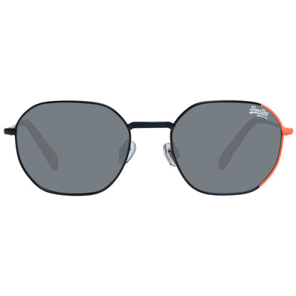 Zijaanzicht van de Superdry SDS SUPER 52025 zonnebril met grijze glazen en zwart-oranje montuur.