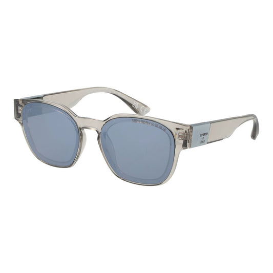 Trendy Superdry zonnebril voor heren met blauwe glazen en transparant montuur.