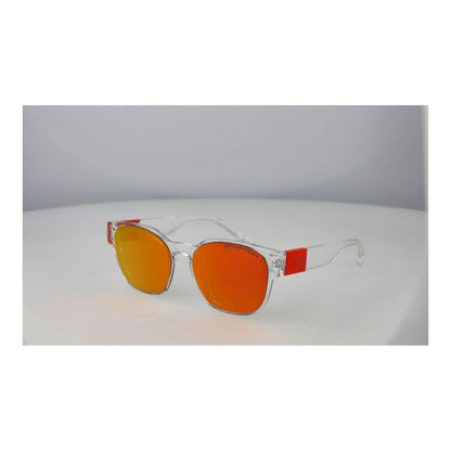 Zijaanzicht van de Superdry SDS XMONO zonnebril met oranje glazen en rode accenten.