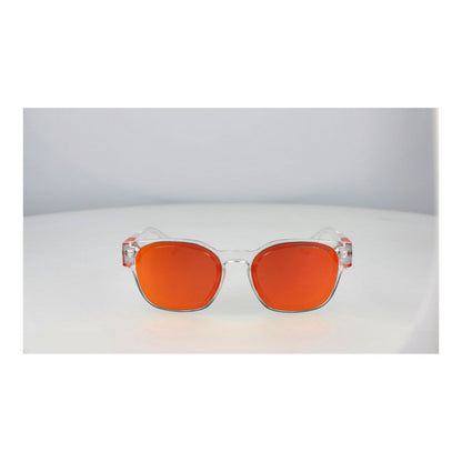 Zijaanzicht van de Superdry SDS XMONO zonnebril met oranje lenzen en transparante montuur.