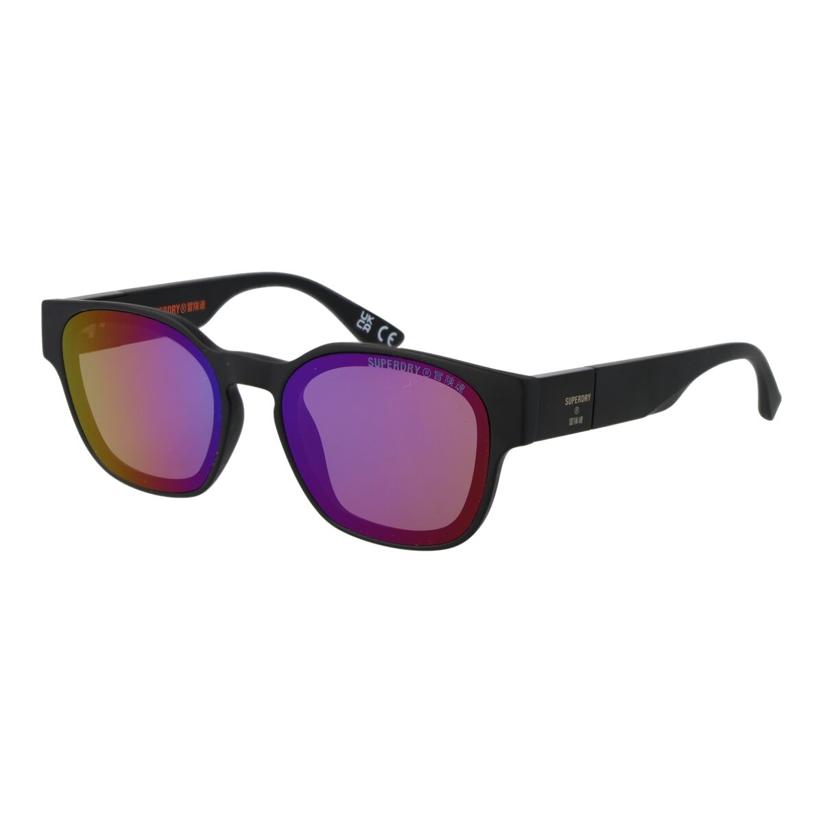 Zwarte Superdry zonnebril met UV400 bescherming en paarse spiegelglazen.