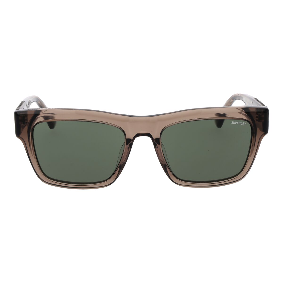 Detail van de Superdry SDS 5011 zonnebril in bruin met groene glazen, frontaal zicht.