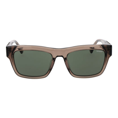 Detail van de Superdry SDS 5011 zonnebril in bruin met groene glazen, frontaal zicht.