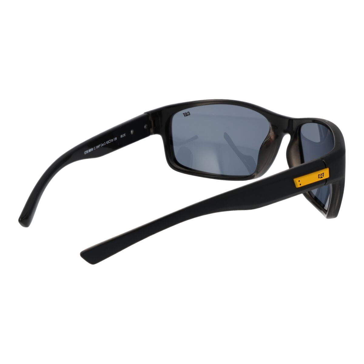 Zijaanzicht van de Caterpillar zonnebril Heren UV400 in zwart met grijze glazen.