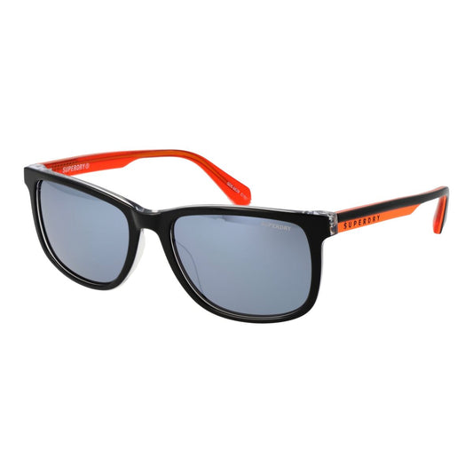 Zwarte Superdry zonnebril voor heren met UV400 bescherming en oranje accenten.