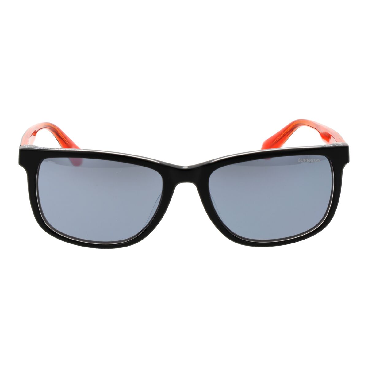 Zijaanzicht van de Superdry zonnebril in zwart met oranje details.