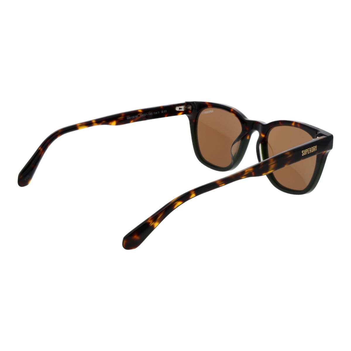 Detail van de Superdry zonnebril met bruin getinte glazen en een tortoise-shell montuur.